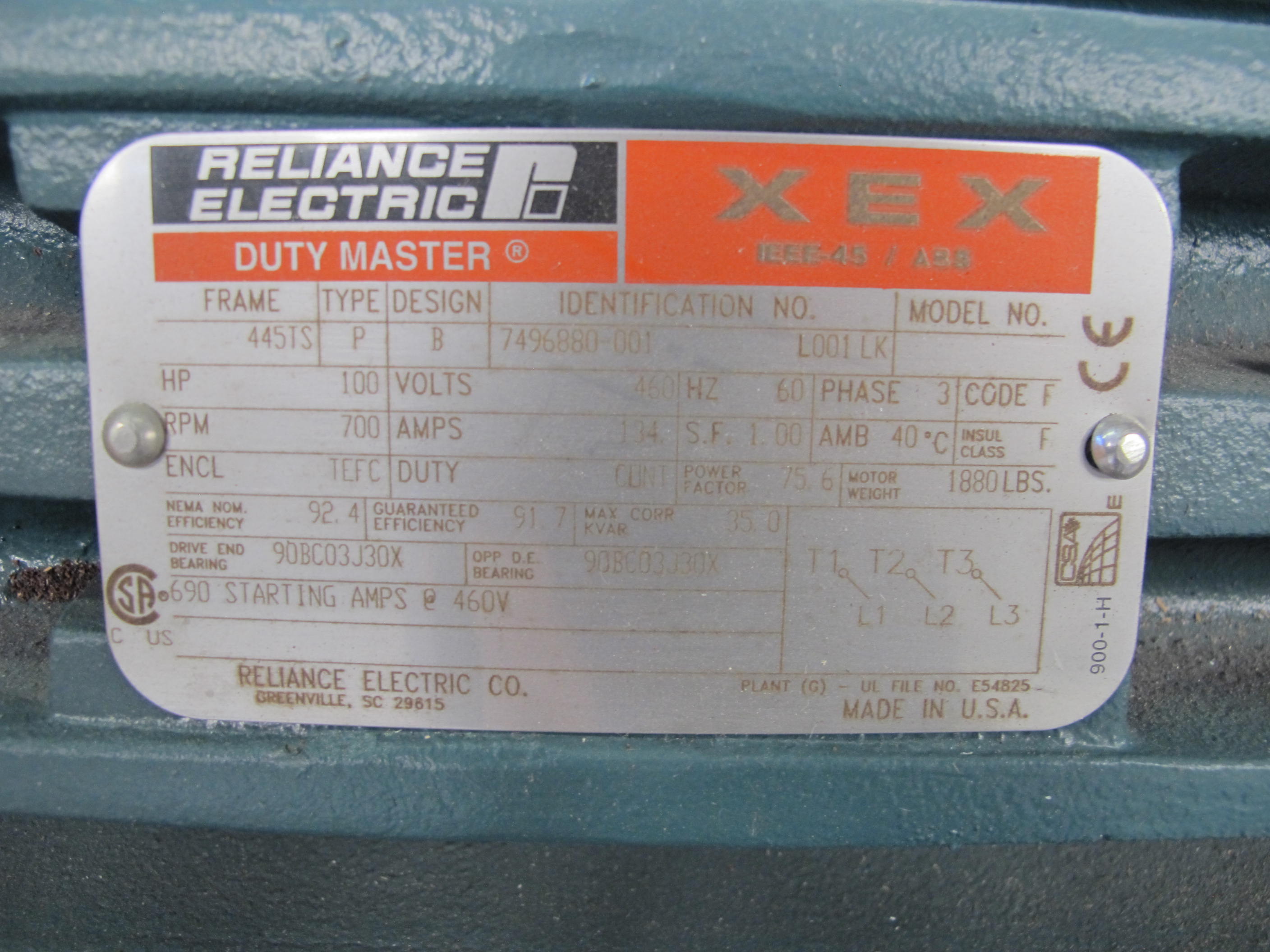 MOTOR, ELECTRIC TYPE, 100 HORSEPOWER, 460VAC 3PH 60HZ ELEC RATING, 700 RPM, 445TS FRAME, 134 AMPS, TEFC ENCLOSURE, CONTINUOUS DUTY, 1.00 SERVICE FACTOR. FOR SONGS UNITS 2&3 AIR BLOWER ORIGINAL I.D. NUMBERS IMAF14728- G1-SK, G2-SK, G3-SK, AND G4-SK. INCLUDING 2-525 WATTS HEATERS, RATED FOR 240 VOLTS, WIRED IN PARALLEL. PART # 1579999 (W-44) LOADING & HANDLING FEE $15-